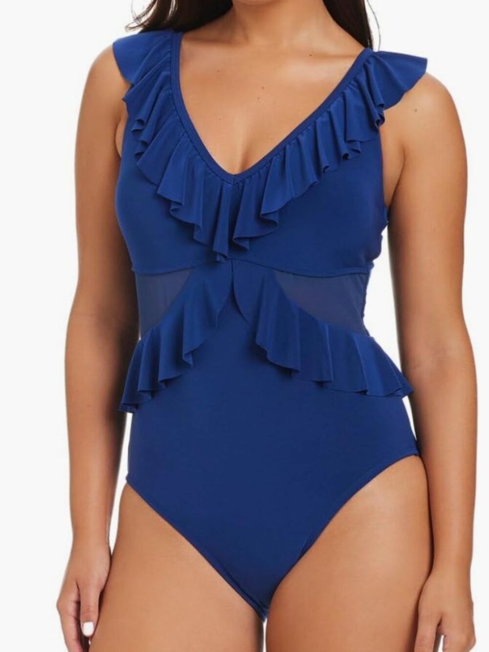 Beyond Control Solid Essentials Ruffle Cut Out One Piece Swim Size 10 Blue 2593